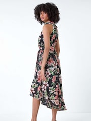 Roman Black Metallic Foil Floral Halter Neck Midi Dress - Image 3 of 5