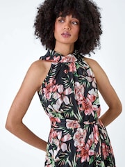 Roman Black Metallic Foil Floral Halter Neck Midi Dress - Image 4 of 5