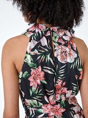 Roman Black Metallic Foil Floral Halter Neck Midi Dress - Image 5 of 5