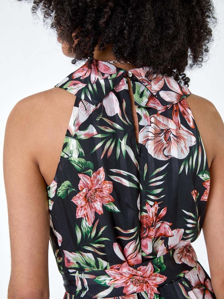 Roman Black Metallic Foil Floral Halter Neck Midi Dress - Image 5 of 5