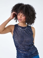 Roman Blue Sequin Embellished Stretch Vest Top - Image 1 of 5
