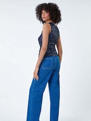 Roman Blue Sequin Embellished Stretch Vest Top - Image 3 of 5