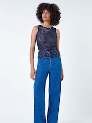 Roman Blue Sequin Embellished Stretch Vest Top - Image 4 of 5
