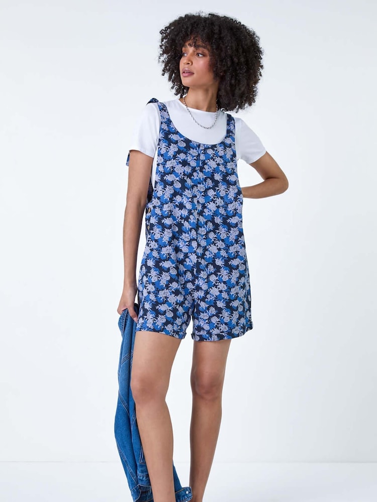 Roman Blue Floral Cotton Linen Blend Playsuit - Image 1 of 5