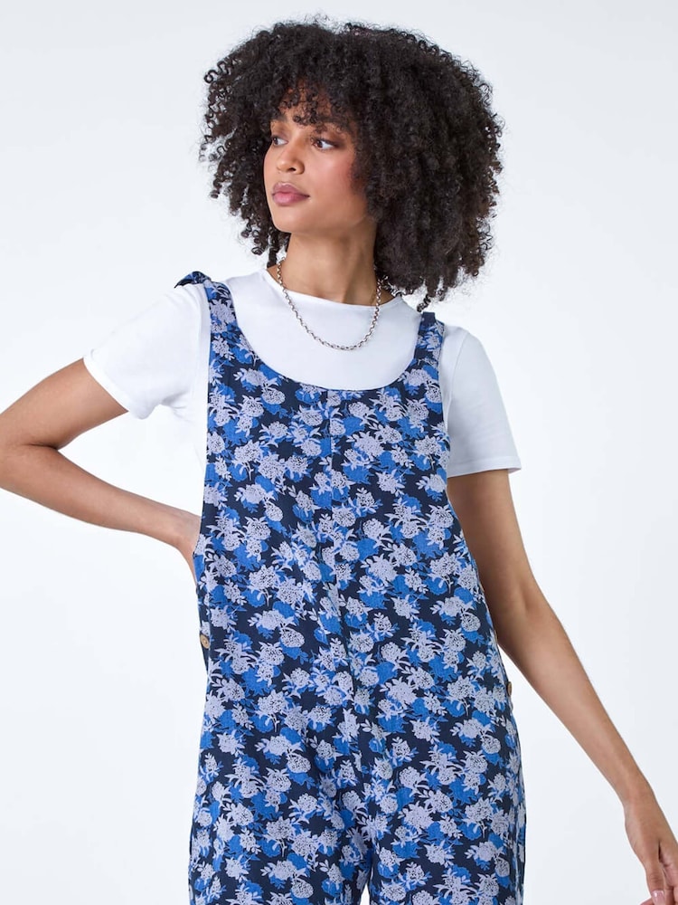 Roman Blue Floral Cotton Linen Blend Playsuit - Image 2 of 5