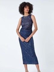 Roman Blue Sequin Sparkle Stretch Midi Skirt - Image 1 of 5