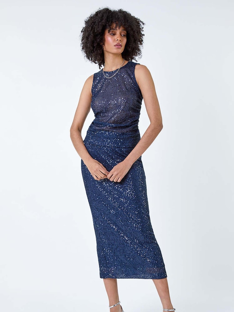 Roman Blue Sequin Sparkle Stretch Midi Skirt - Image 1 of 5