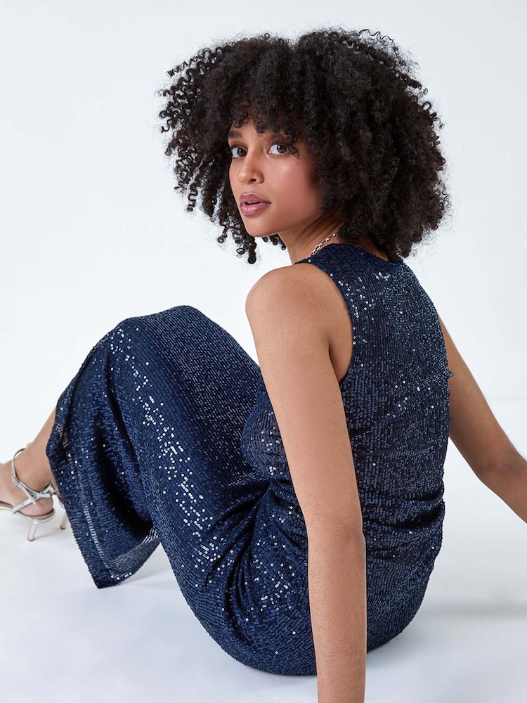 Roman Blue Sequin Sparkle Stretch Midi Skirt - Image 2 of 5