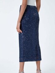 Roman Blue Sequin Sparkle Stretch Midi Skirt - Image 3 of 5