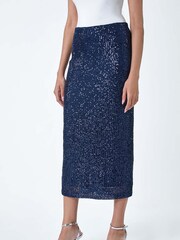 Roman Blue Sequin Sparkle Stretch Midi Skirt - Image 4 of 5