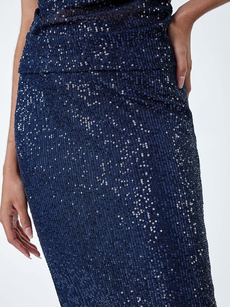 Roman Blue Sequin Sparkle Stretch Midi Skirt - Image 5 of 5