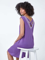 Roman Purple Cotton/Linen Mix Embroidered Pocket Shift Dress - Image 1 of 5