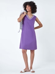 Roman Purple Cotton/Linen Mix Embroidered Pocket Shift Dress - Image 2 of 5