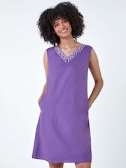 Roman Purple Cotton/Linen Mix Embroidered Pocket Shift Dress - Image 4 of 5