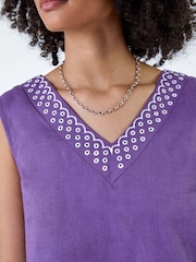 Roman Purple Cotton/Linen Mix Embroidered Pocket Shift Dress - Image 5 of 5