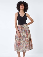 Roman Black 100% Cotton Paisley Boho Midi Skirt - Image 1 of 5