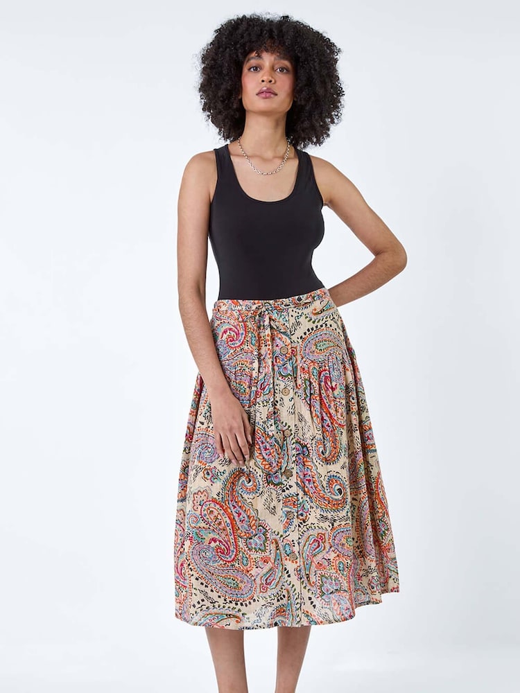Roman Black 100% Cotton Paisley Boho Midi Skirt - Image 1 of 5