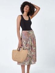 Roman Black 100% Cotton Paisley Boho Midi Skirt - Image 2 of 5