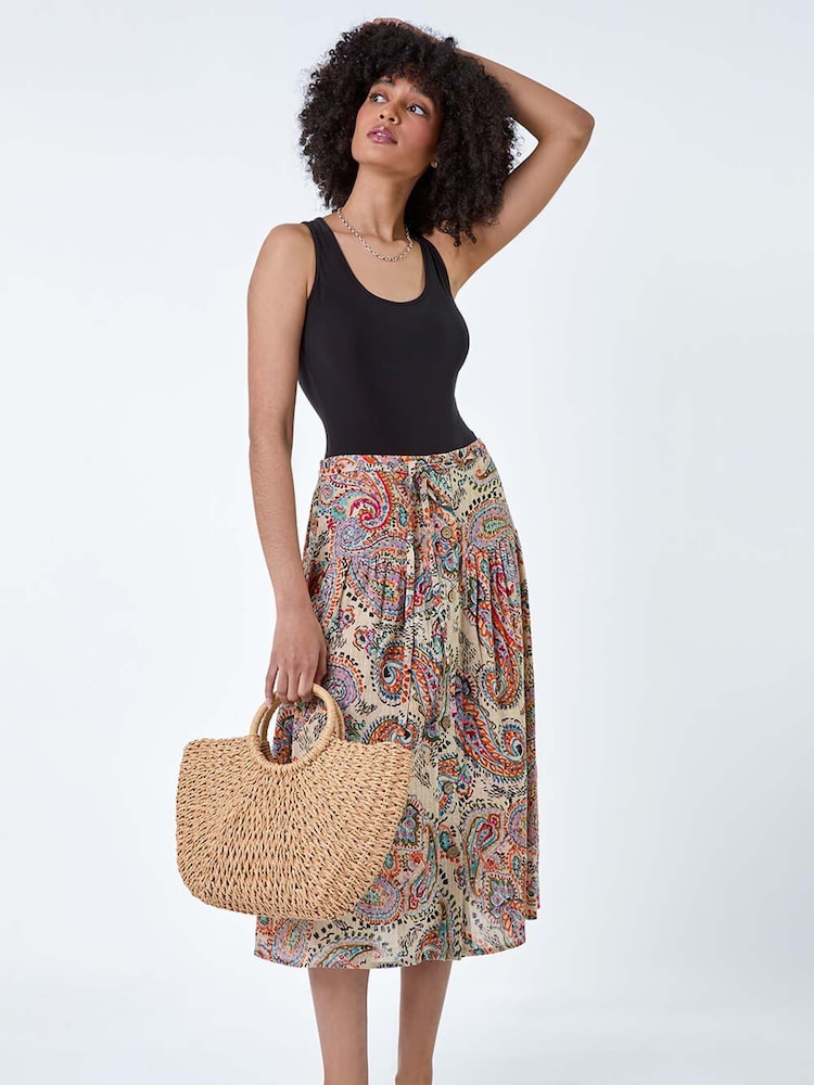 Roman Black 100% Cotton Paisley Boho Midi Skirt - Image 2 of 5