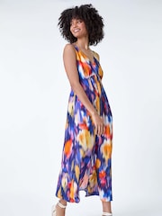 Roman Purple Abstract Cross Back Detail Midi Dress - Image 1 of 4