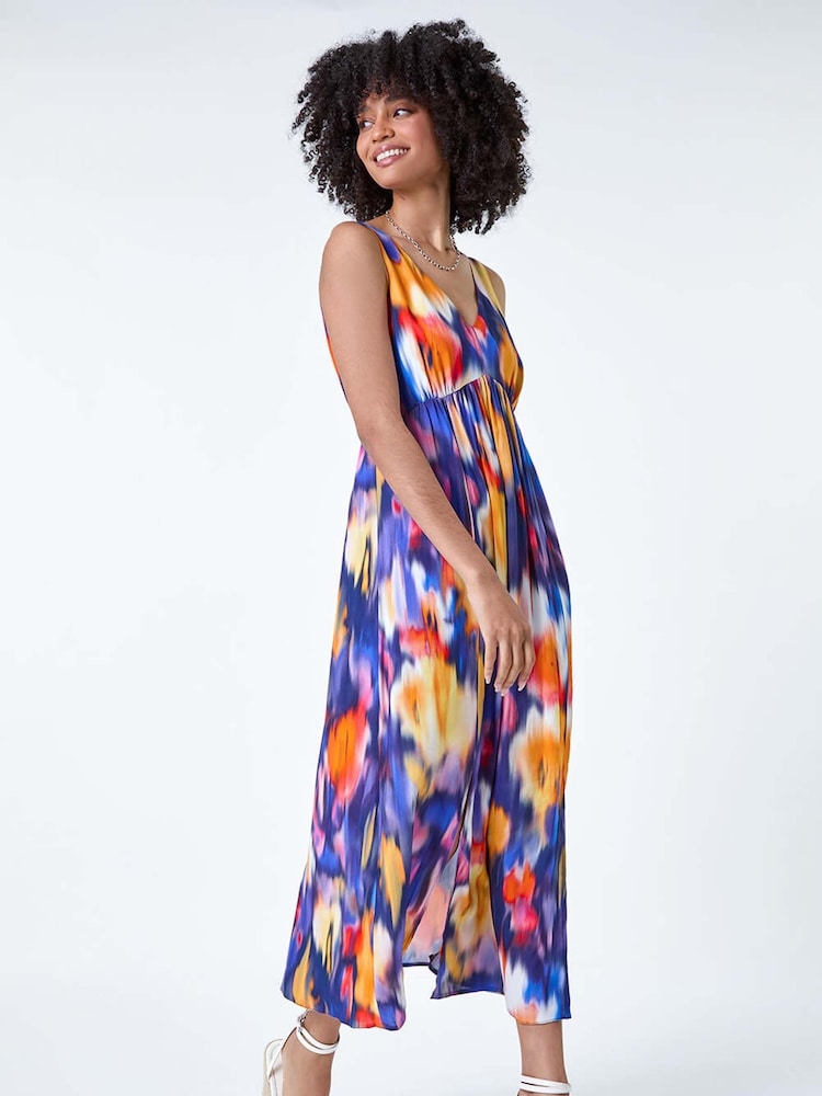 Roman Purple Abstract Cross Back Detail Midi Dress - Image 1 of 4