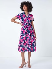 Roman Pink Floral Linen Look Belted Shirt Dress - Image 1 of 5