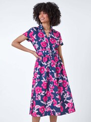 Roman Pink Floral Linen Look Belted Shirt Dress - Image 2 of 5