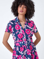 Roman Pink Floral Linen Look Belted Shirt Dress - Image 4 of 5