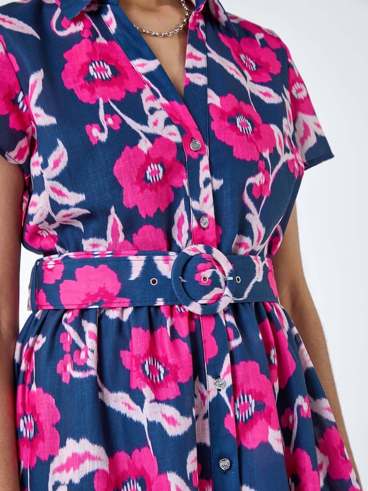 Roman Pink Floral Linen Look Belted Shirt Dress - Image 5 of 5