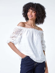 Roman White Lace Ruched Sleeve Bardot Top - Image 1 of 5