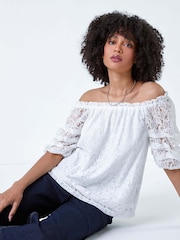 Roman White Lace Ruched Sleeve Bardot Top - Image 2 of 5