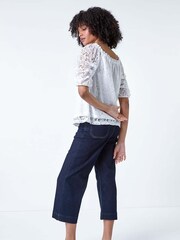 Roman White Lace Ruched Sleeve Bardot Top - Image 3 of 5