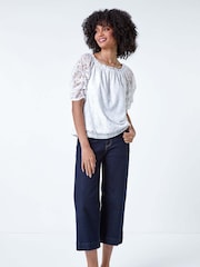 Roman White Lace Ruched Sleeve Bardot Top - Image 4 of 5