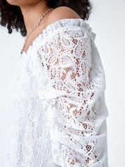 Roman White Lace Ruched Sleeve Bardot Top - Image 5 of 5