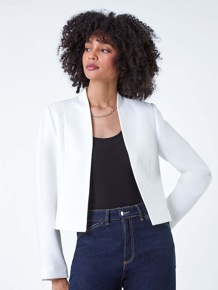 Roman White Textured High Neck Jacket - Image 2 of 5