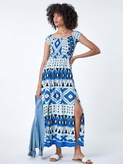 Roman Blue Aztec Style Shirred Bardot Maxi Dress - Image 1 of 5