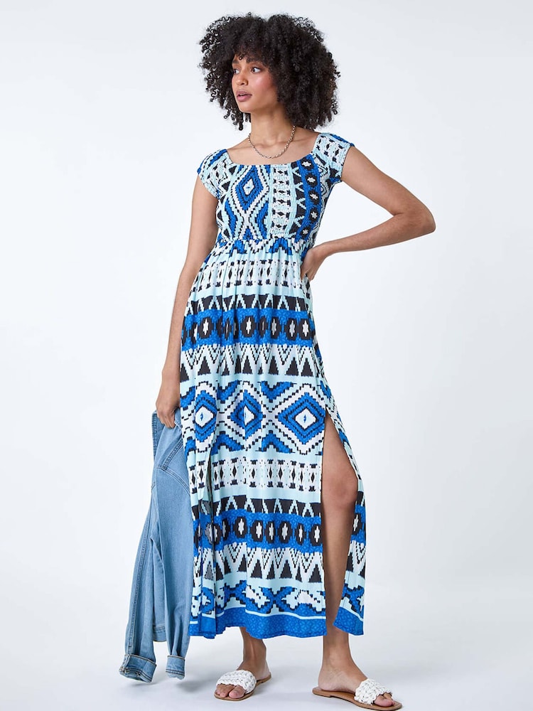 Roman Blue Aztec Style Shirred Bardot Maxi Dress - Image 1 of 5
