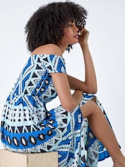 Roman Blue Aztec Style Shirred Bardot Maxi Dress - Image 2 of 5