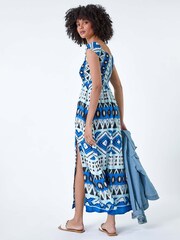 Roman Blue Aztec Style Shirred Bardot Maxi Dress - Image 3 of 5