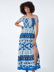 Roman Blue Aztec Style Shirred Bardot Maxi Dress - Image 4 of 5