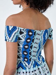 Roman Blue Aztec Style Shirred Bardot Maxi Dress - Image 5 of 5