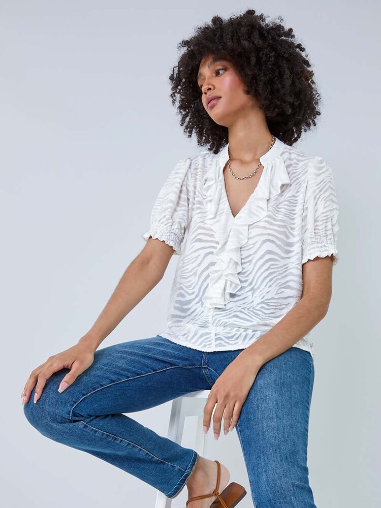 Roman White Animal Jacquard Frill Stretch Blouse - Image 1 of 5