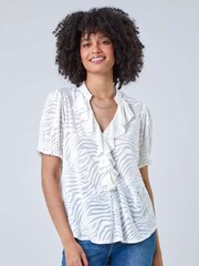 Roman White Animal Jacquard Frill Stretch Blouse - Image 2 of 5