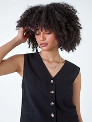 Roman Black Linen Blend Button Through Waistcoat - Image 1 of 5