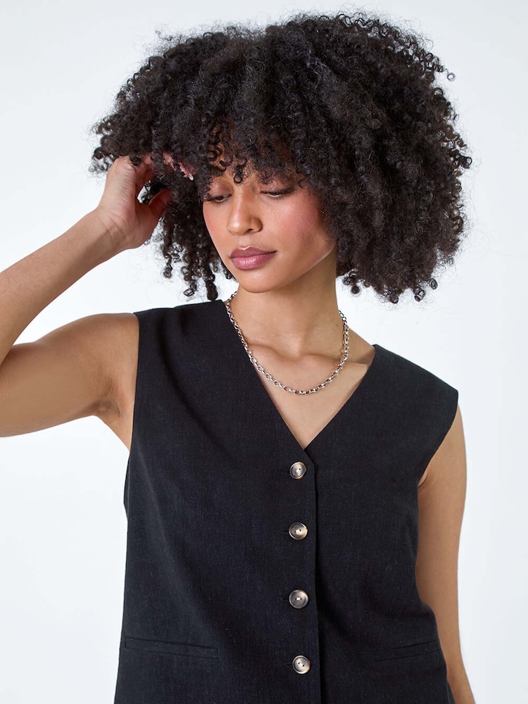 Roman Black Linen Blend Button Through Waistcoat - Image 1 of 5