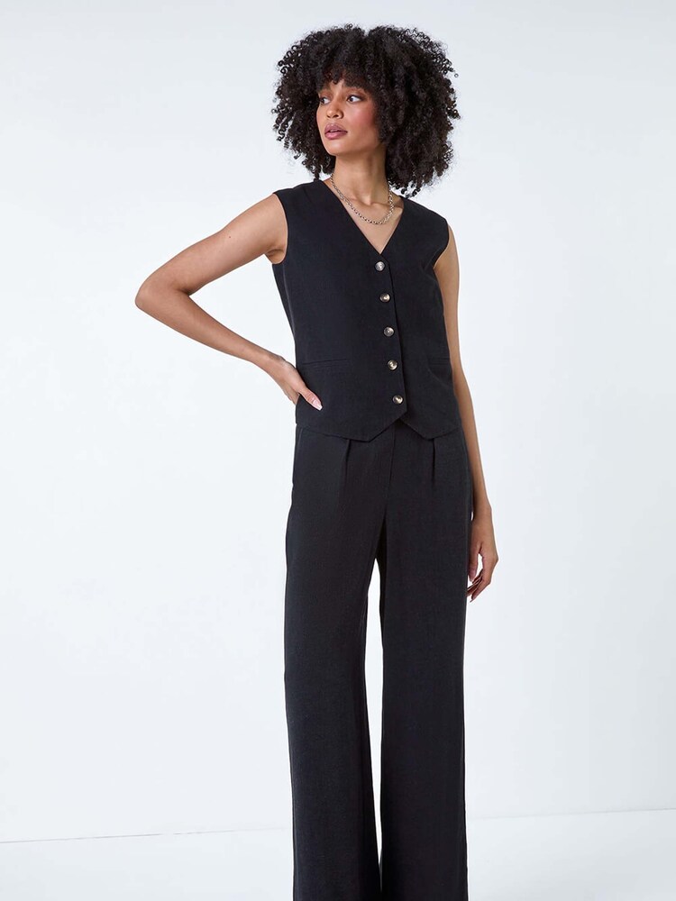 Roman Black Linen Blend Button Through Waistcoat - Image 2 of 5 Roman Black Linen Blend Button Through Waistcoat - Image 2 of 5