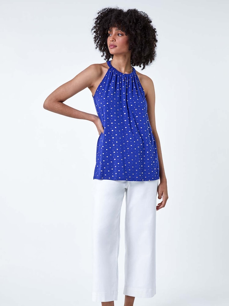 Roman Blue Metallic Foil Sun Halter Neck Top - Image 2 of 5