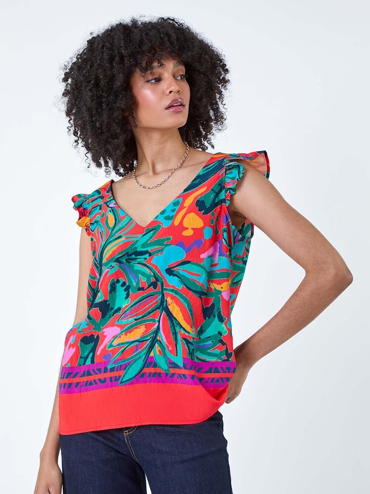 Roman Red Tropical Print Frill Sleeve Vest Top - Image 2 of 5