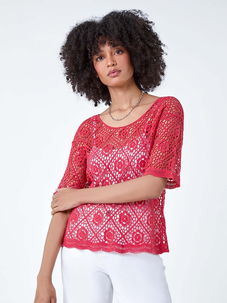 Roman Red 100% Cotton Crochet Jumper - Image 2 of 5 Roman Red 100% Cotton Crochet Jumper - Image 2 of 5