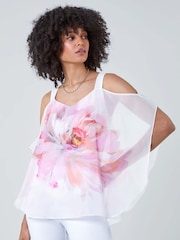 Roman White Floral Print Cold Shoulder Overlay Top - Image 1 of 5